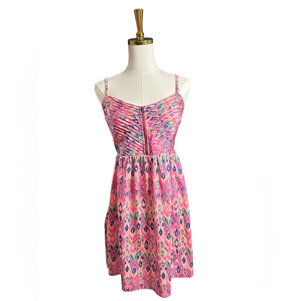 Roxy Shore Thing Fit and Flare Geometric Print Pink Blue Green Midi Dress Size M